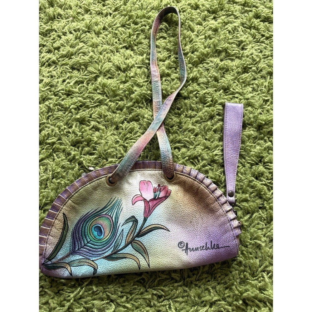 Anuschka Multicolored Leather Hand Painted Floral and Peacock Feather Bag